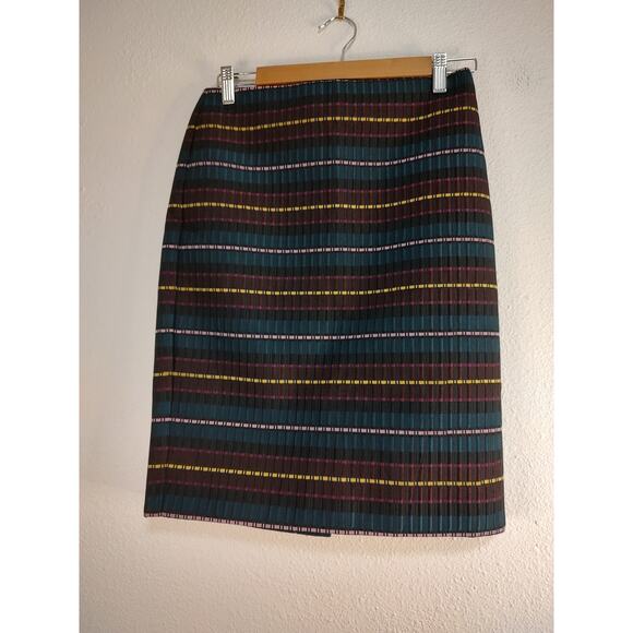 Ann Taylor Factory Black Green Pink Jacquard Striped Knee Length Pencil Skirt 0 - Picture 1 of 9